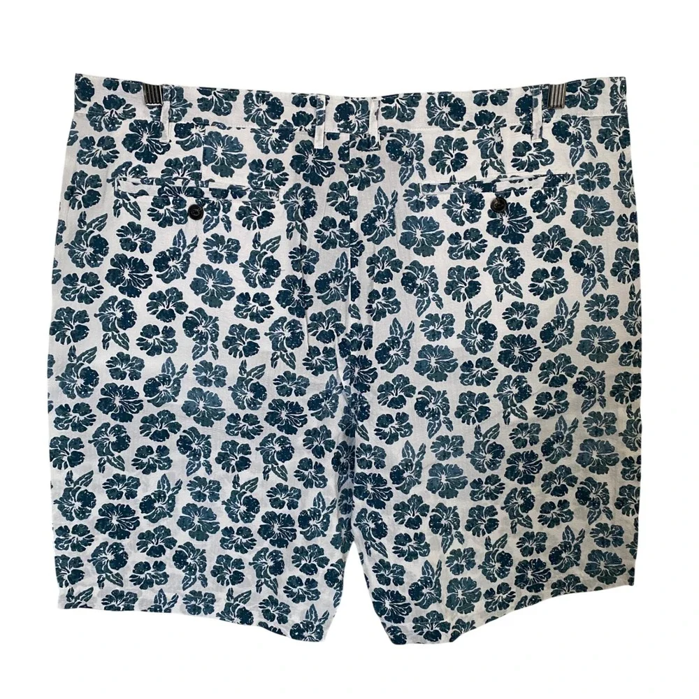 JACHS NY Mens 40 White Blue Hibiscus Floral Seersucker Cotton Shorts Flat Front